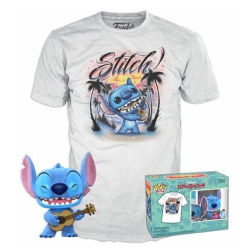 Funko Pop!  Tees (Adult): Lilo and Stitch - Ukelele Stitch (Flocked) Vinyl Figure and T-Shirt (S)